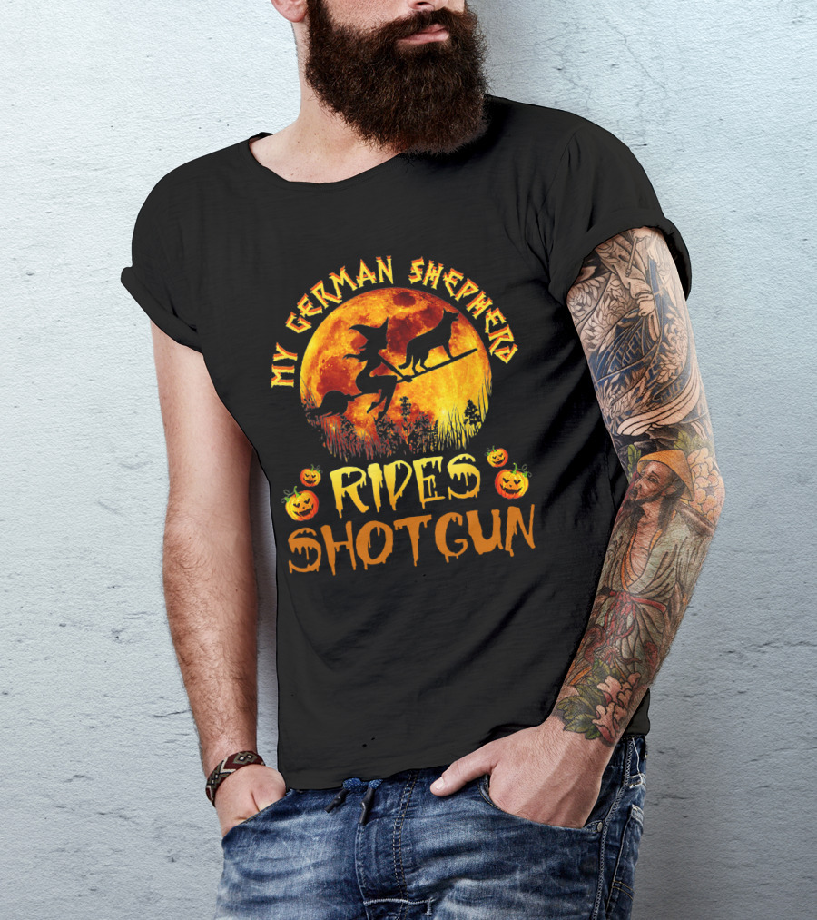 My German Shepherd Rides Shotgun Witch Halloween Pumpkins Moon T-Shirt