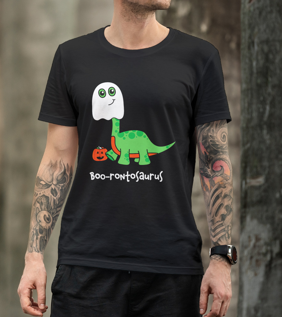 Boo-rontosaurus Ghost Dinosaur With Pumpkin Halloween Cute Funny Brontosaurus T-Shirt