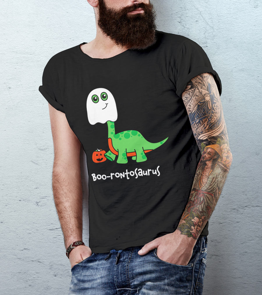 Boo-rontosaurus Ghost Dinosaur With Pumpkin Halloween Cute Funny Brontosaurus T-Shirt