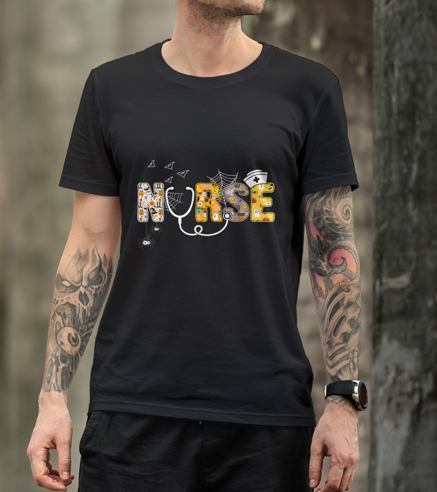 Nurse Halloween Boo Pumpkin Spider Witch Hat Bats Ghosts Cobwebs T-Shirt