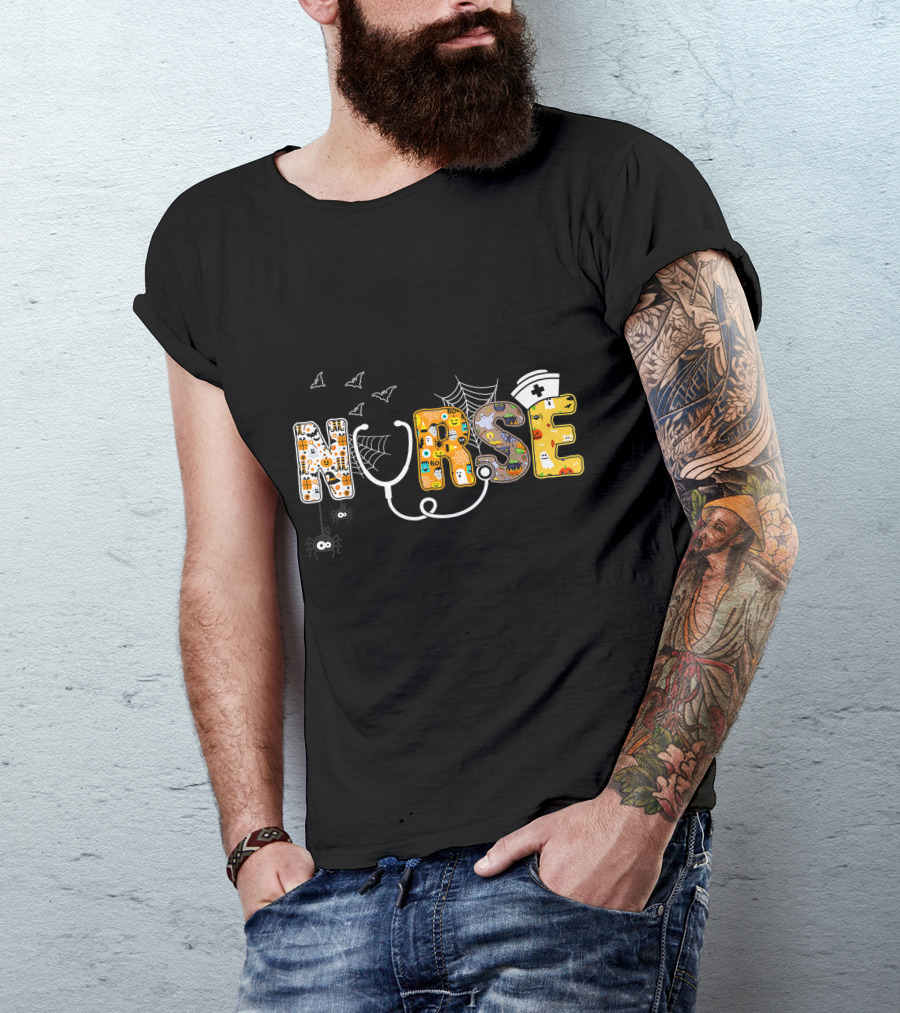 Nurse Halloween Boo Pumpkin Spider Witch Hat Bats Ghosts Cobwebs T-Shirt