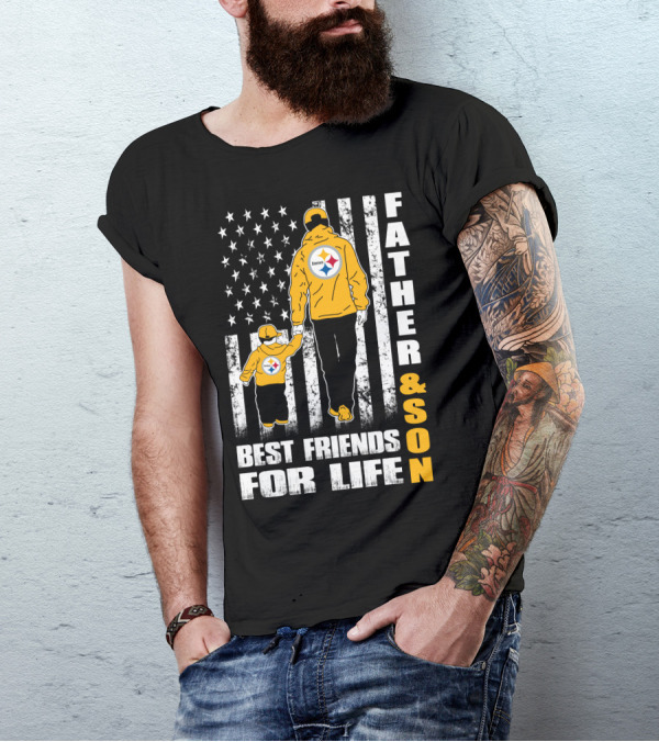 Father And Son Best Friends For Life Steelers Flag Background T-Shirt