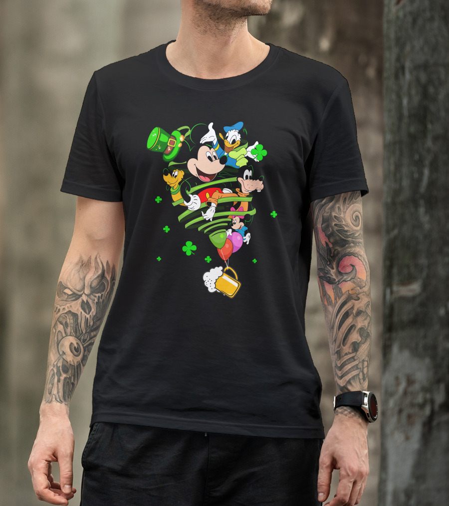 Mickey Mouse Donald Duck Goofy St. Patrick's Day Celebration With Shamrocks And Beer Mug T-Shirt