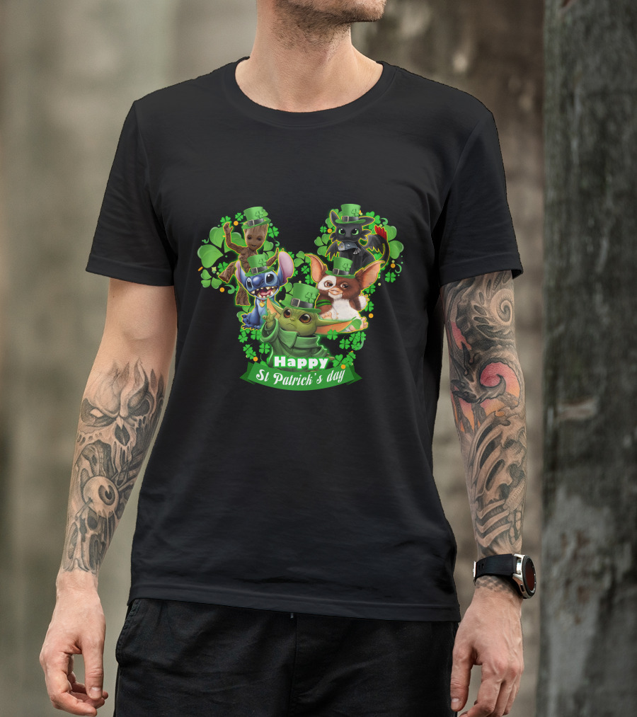 BBYD And Friends Happy St Patrick's Day Groot Gizmo Stitch Mandalorian Baby Yoda Toothless T-Shirt