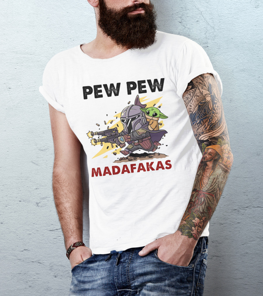 Pew Pew Madafakas Mandalorian Baby Yoda Gun Firing Scene T-Shirt