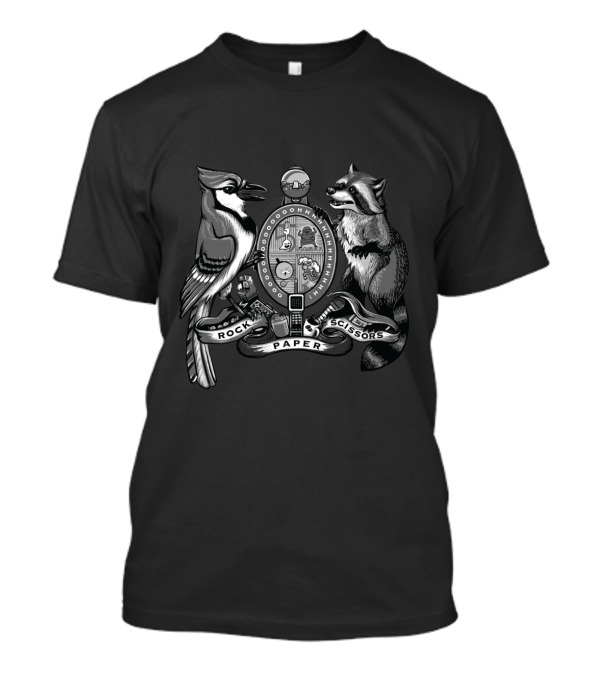 Rock Paper Scissors Wildlife Emblem Featuring Raccoon Blue Jay Seal T-Shirt