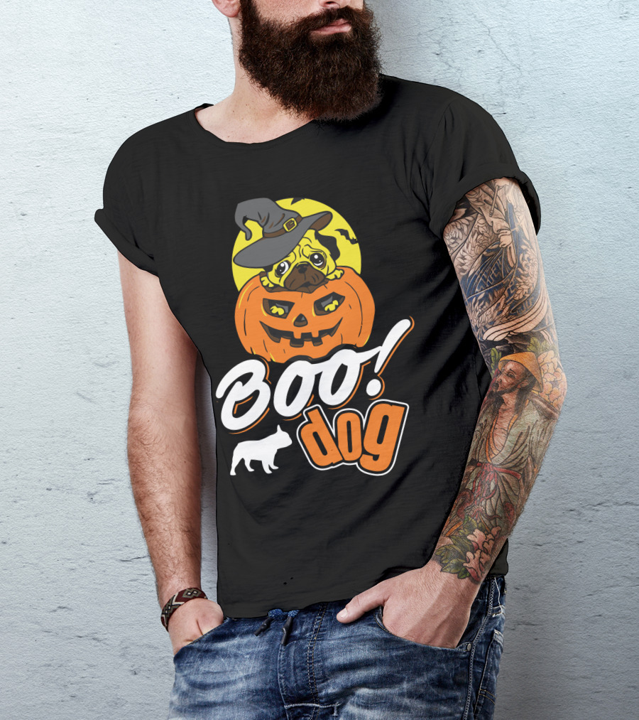 Boo Dog Pug In Witch Hat With Pumpkin Halloween T-Shirt