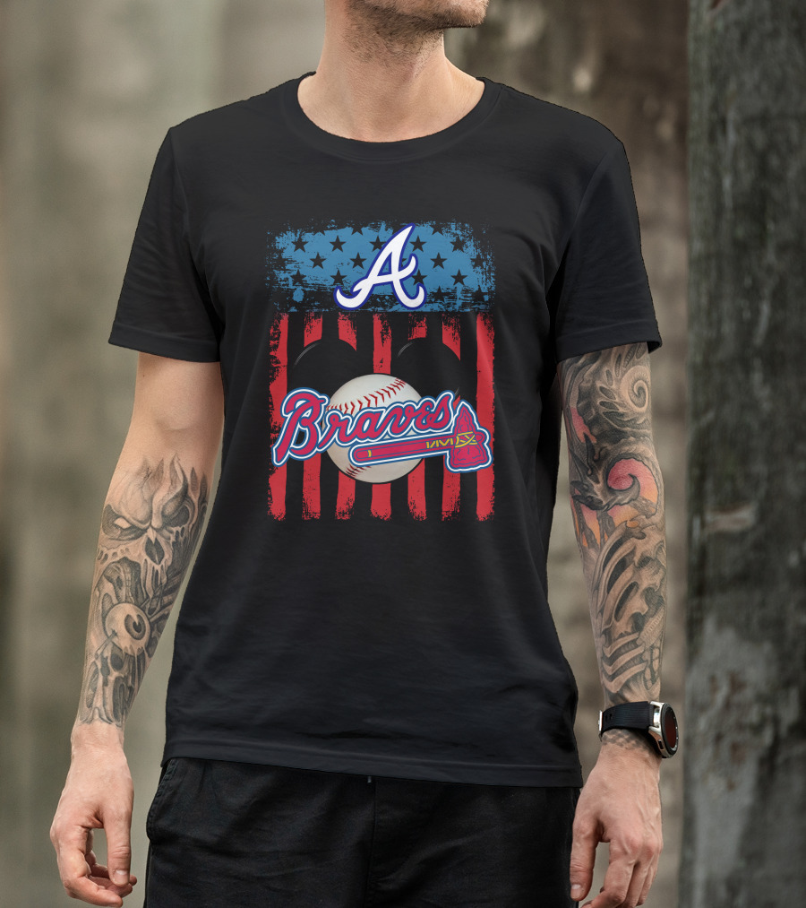 A Mickey Braves Iconic Baseball Stars And Stripes American Flag T-Shirt
