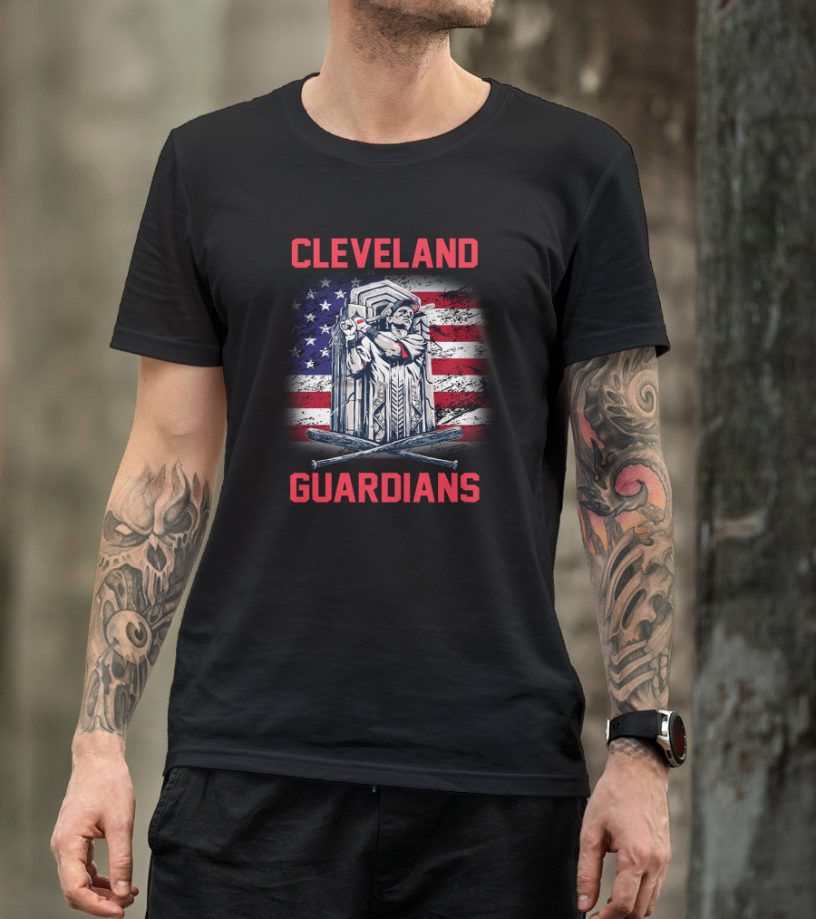 Cleveland Guardians American Flag Baseball Statue T-Shirt