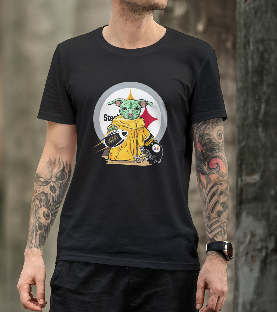 Pitbull Steelers Baby Holding Football With Steelers Logo And Helmet T-Shirt