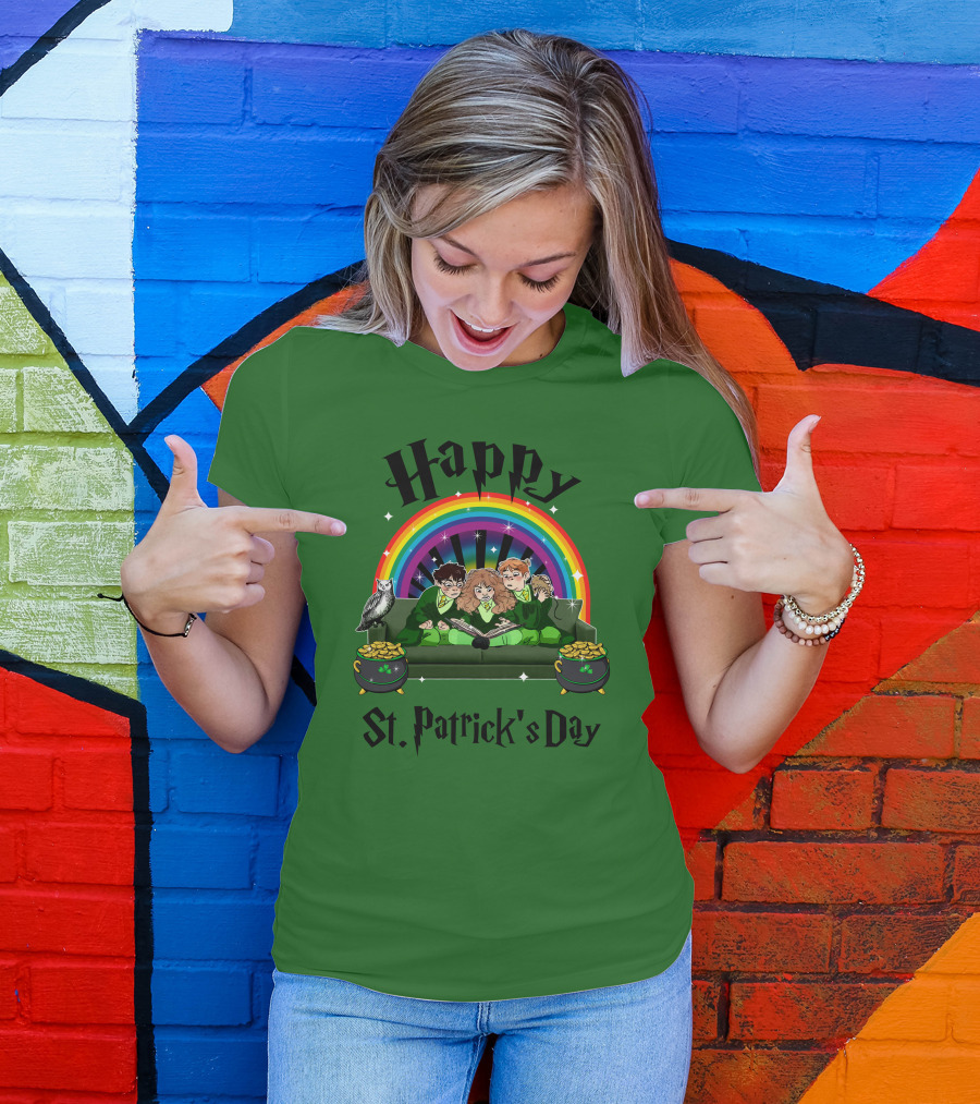 Happy St. Patrick's Day With Rainbow And Green Characters On Couch T-Shirt