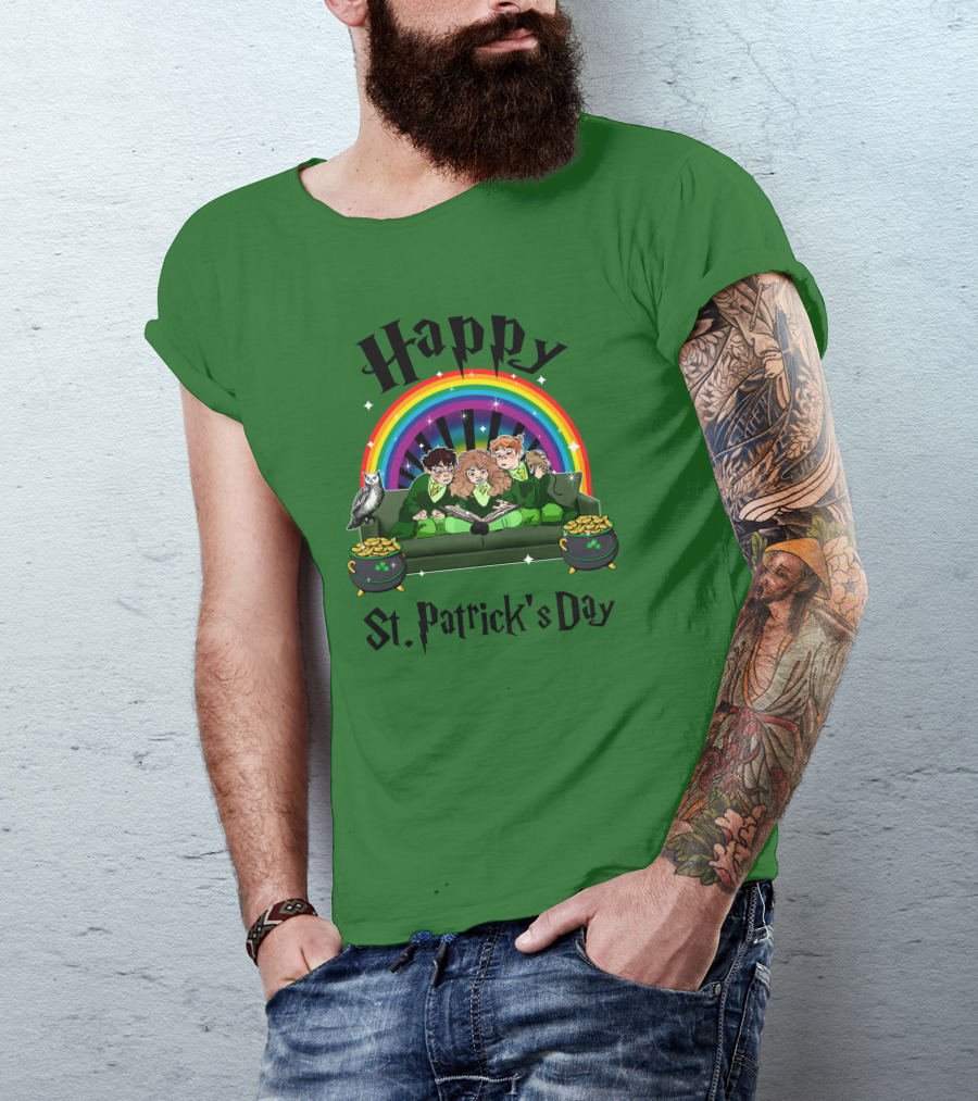 Happy St. Patrick's Day With Rainbow And Green Characters On Couch T-Shirt