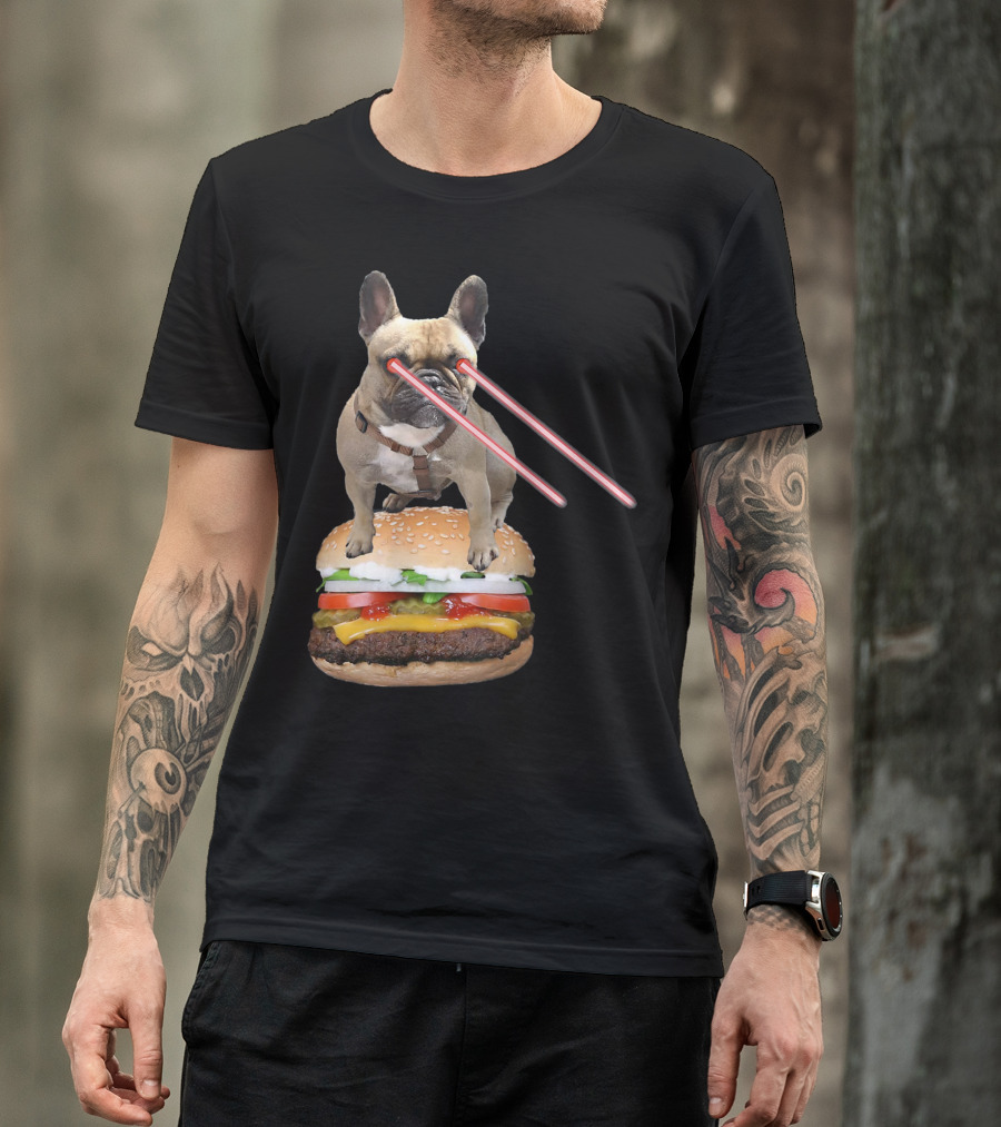 Bulldog With Laser Eyes Standing On Hamburger T-Shirt