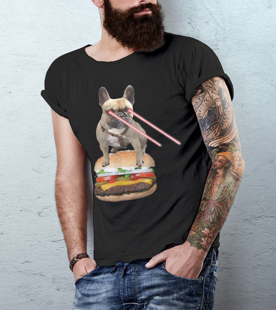 Bulldog With Laser Eyes Standing On Hamburger T-Shirt