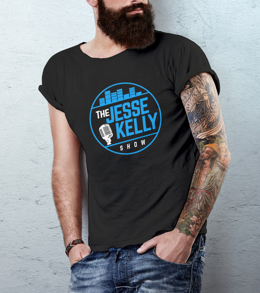 The Jesse Kelly Show Microphone Logo Design With Blue Text And Sound Bars T-Shirt