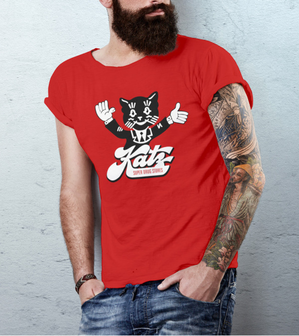 Katz Super Drug Stores Cat Mascot Smiling And Waving In Suit And Tie T-Shirt
