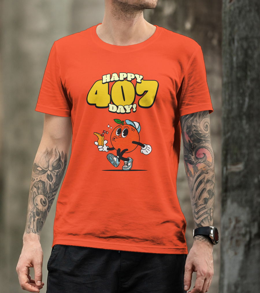 Happy 407 Day Orlando Orange Character With Drink And Sneakers T-Shirt