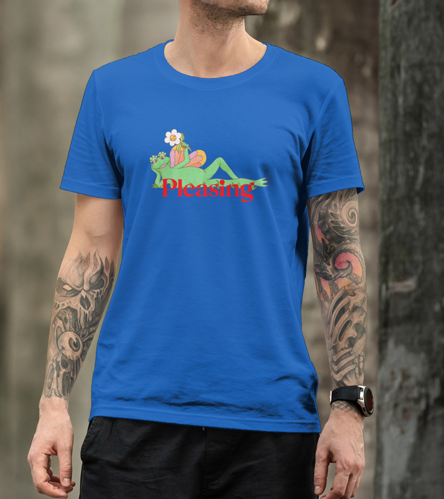 Pleasing Frog With Flower On Sky Blue Crewneck T-Shirt