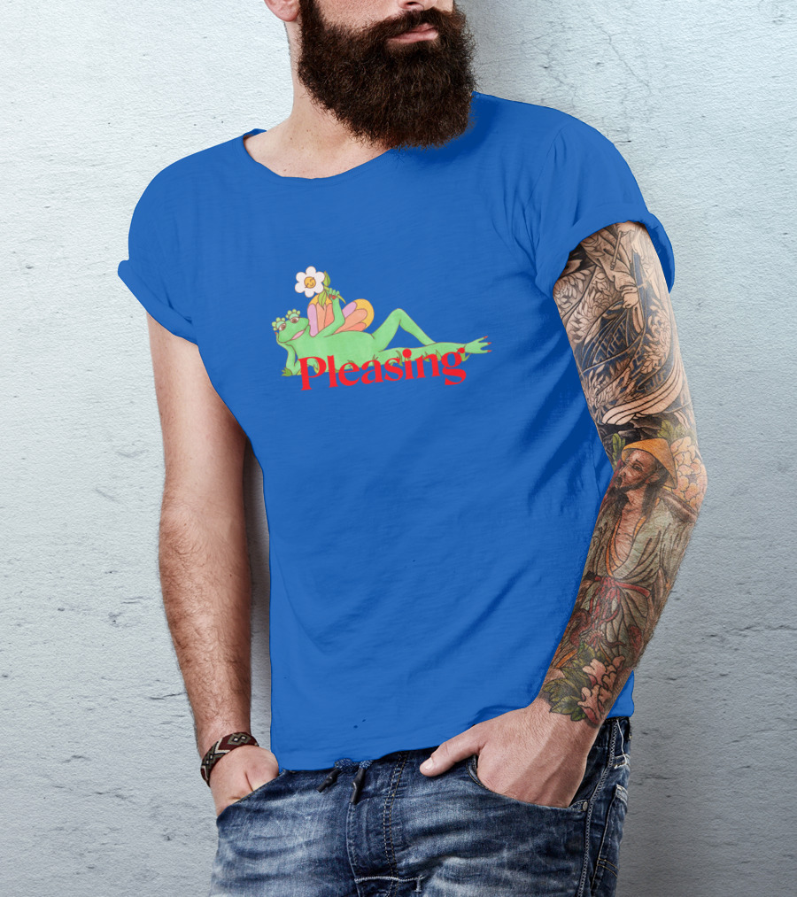 Pleasing Frog With Flower On Sky Blue Crewneck T-Shirt