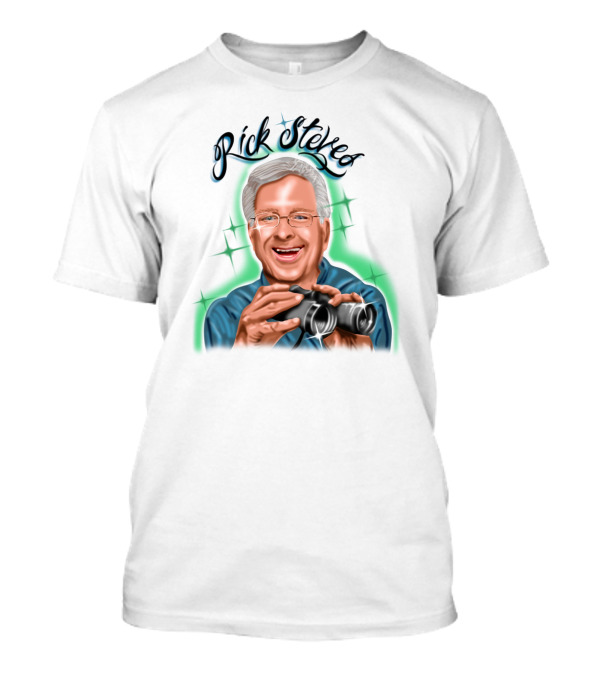Rick Steves Smiling Holding Binoculars With Sparkles T-Shirt