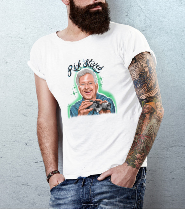 Rick Steves Smiling Holding Binoculars With Sparkles T-Shirt