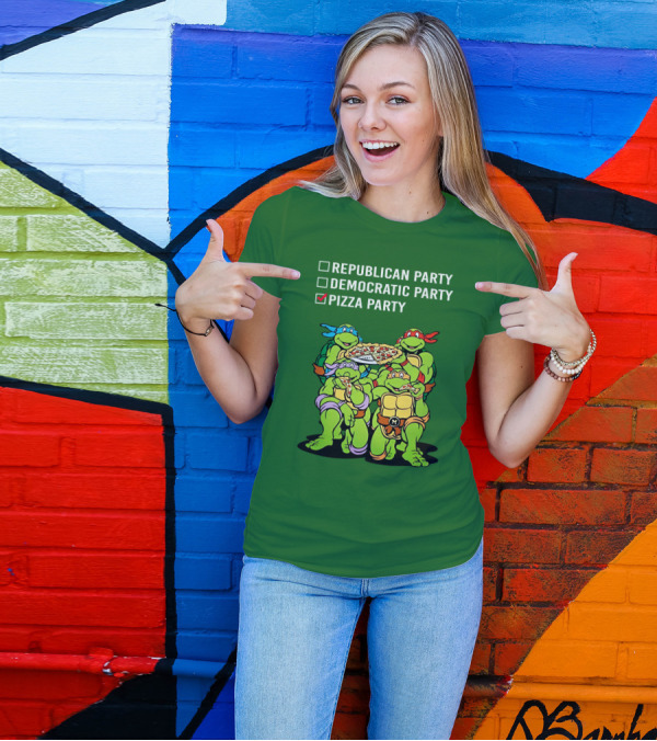 Pizza Party Checkmark With Four Ninja Turtles Carrying Pizza Under Republican Party Democratic Party Options T-Shirt