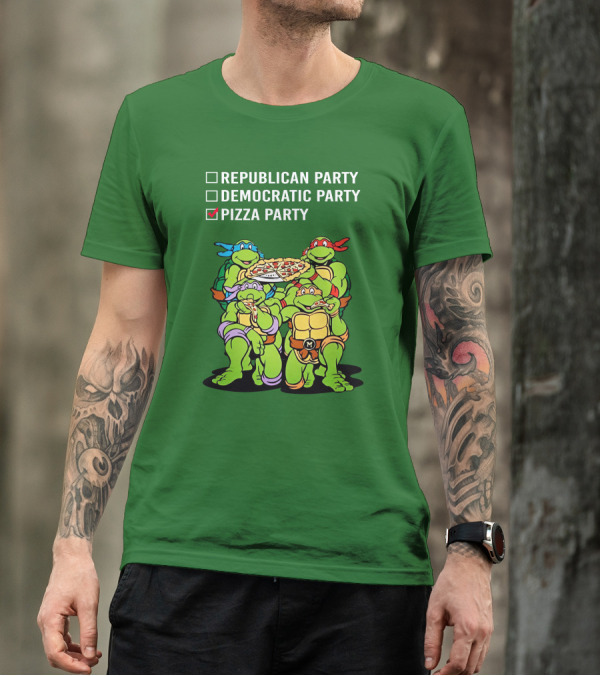 Pizza Party Checkmark With Four Ninja Turtles Carrying Pizza Under Republican Party Democratic Party Options T-Shirt