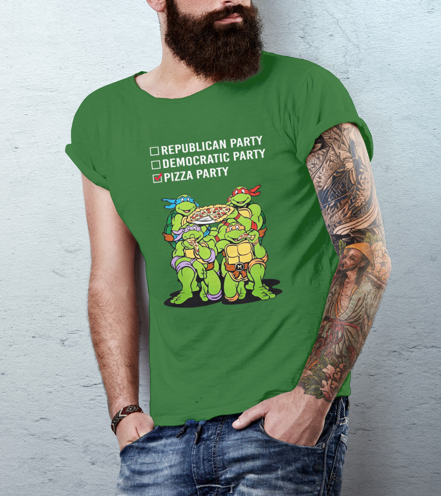 Pizza Party Checkmark With Four Ninja Turtles Carrying Pizza Under Republican Party Democratic Party Options T-Shirt