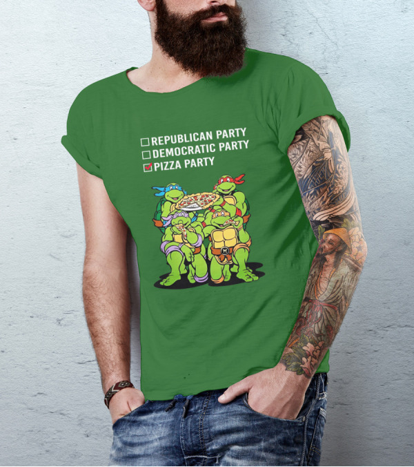Pizza Party Checkmark With Four Ninja Turtles Carrying Pizza Under Republican Party Democratic Party Options T-Shirt