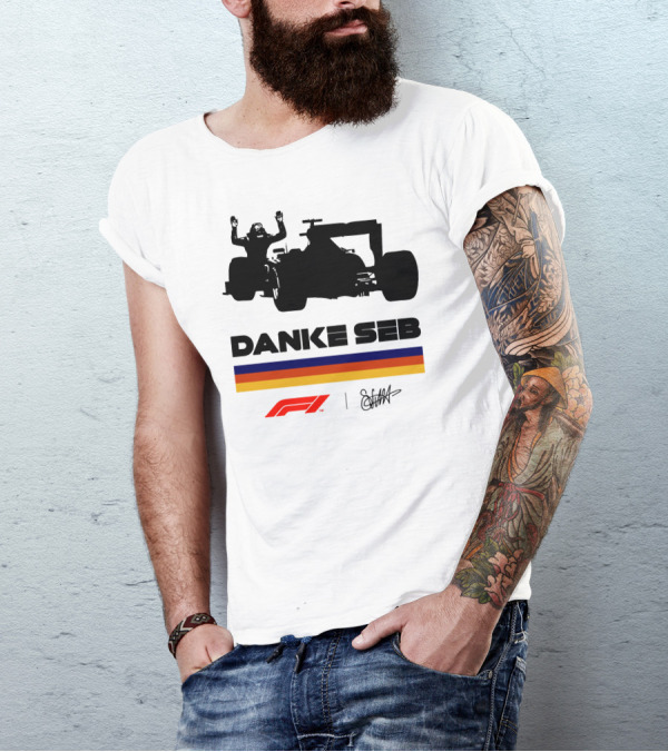 Formula 1 Danke Seb Vettel Silhouette With F1 Logo And Signature T-Shirt