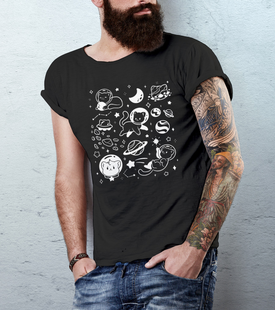 Helloapparel Space Cat Astronauts With Planets And Stars T-Shirt