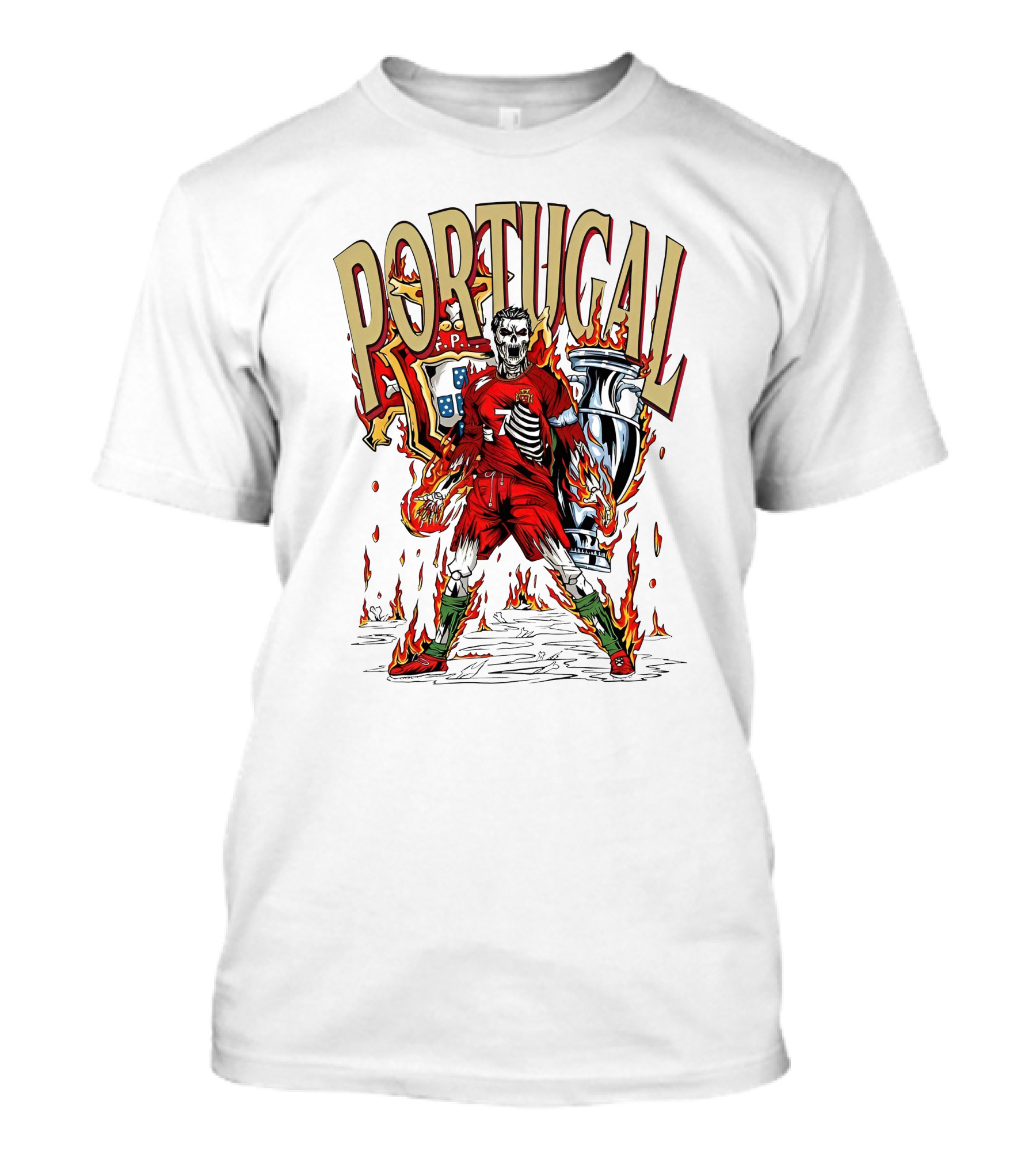 Portugal Ronaldo Skeleton Fire Trophy Soccer T-Shirt