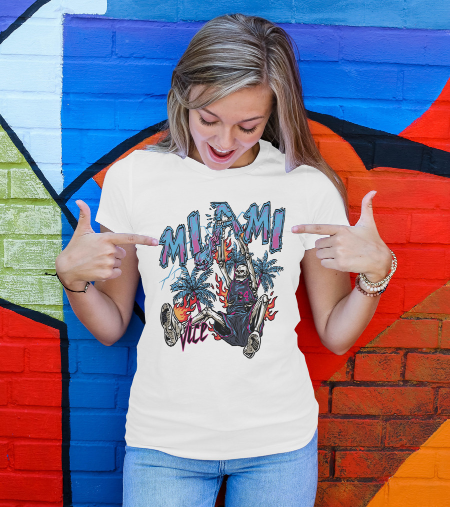 Sana Detroit Vice Miami Basketball Skeleton Dunking With Palm Trees And Flames T-Shirt