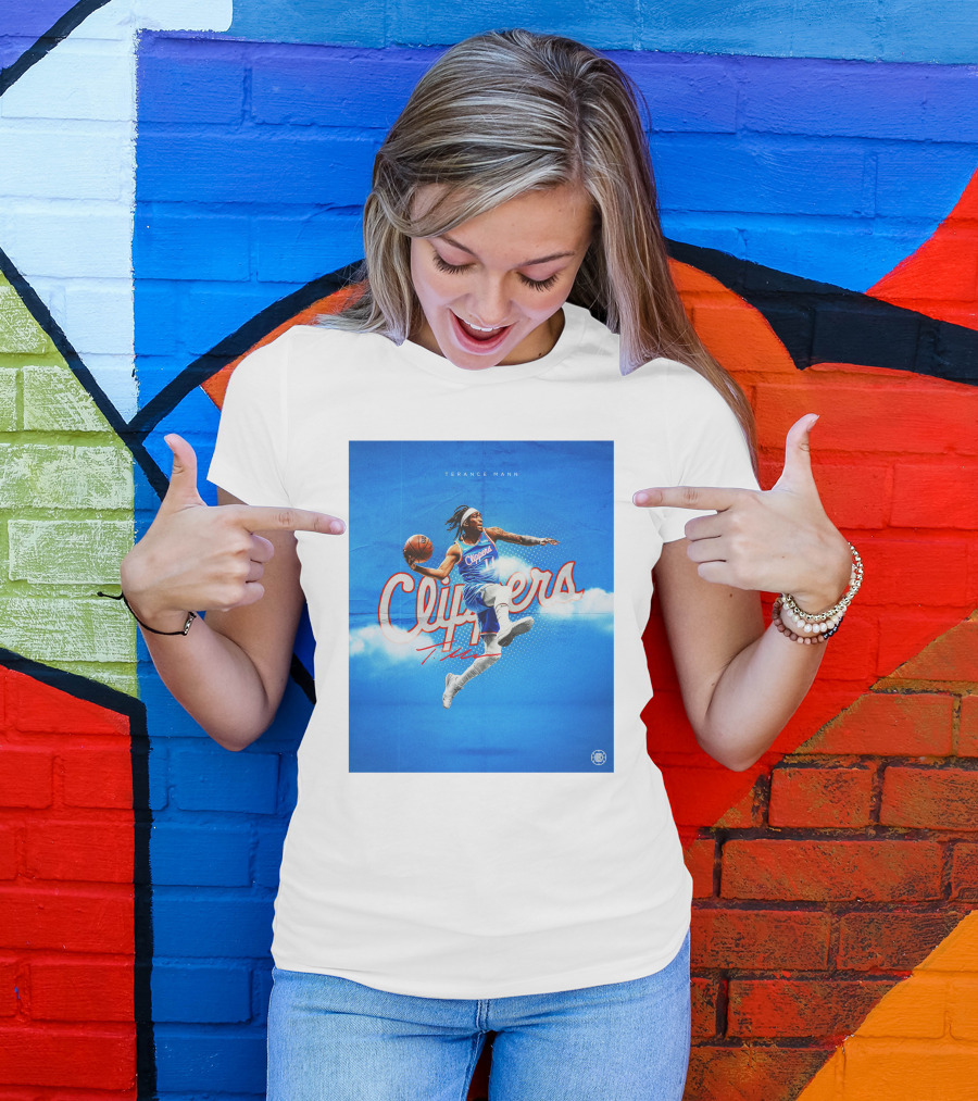 Terance Mann Clippers Basketball Motion Dribble Blue Clouds T-Shirt
