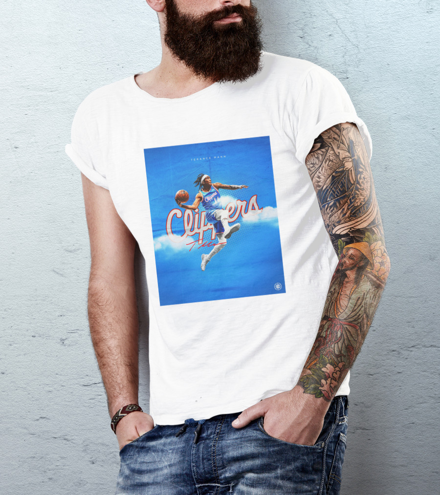 Terance Mann Clippers Basketball Motion Dribble Blue Clouds T-Shirt