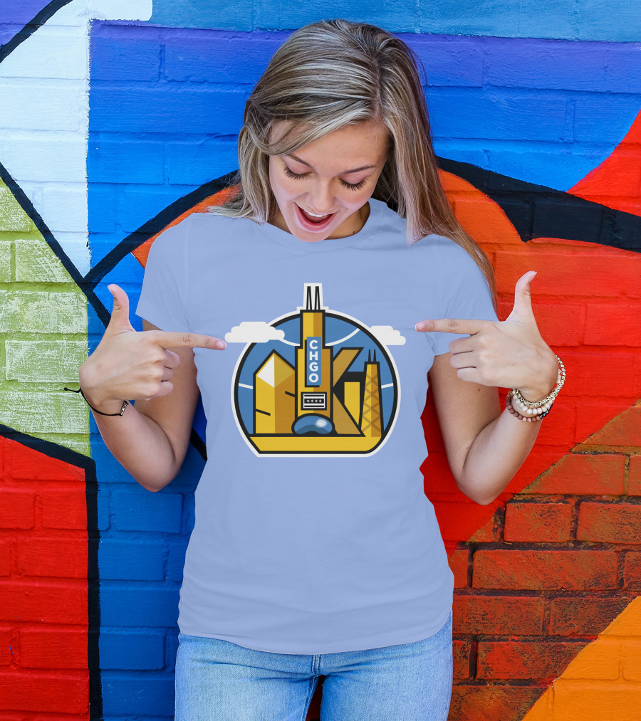 CHGO Skyline Blue Skies Sports Icon With Landmarks T-Shirt
