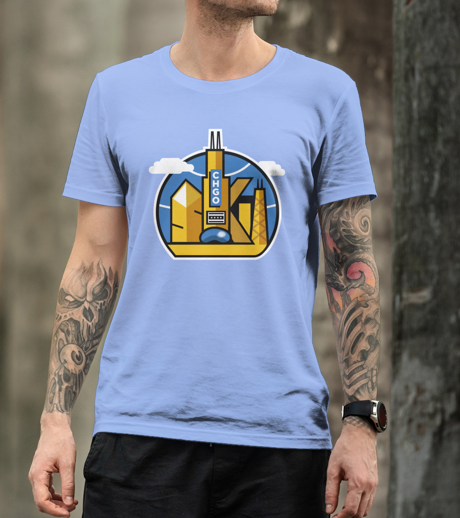 CHGO Skyline Blue Skies Sports Icon With Landmarks T-Shirt