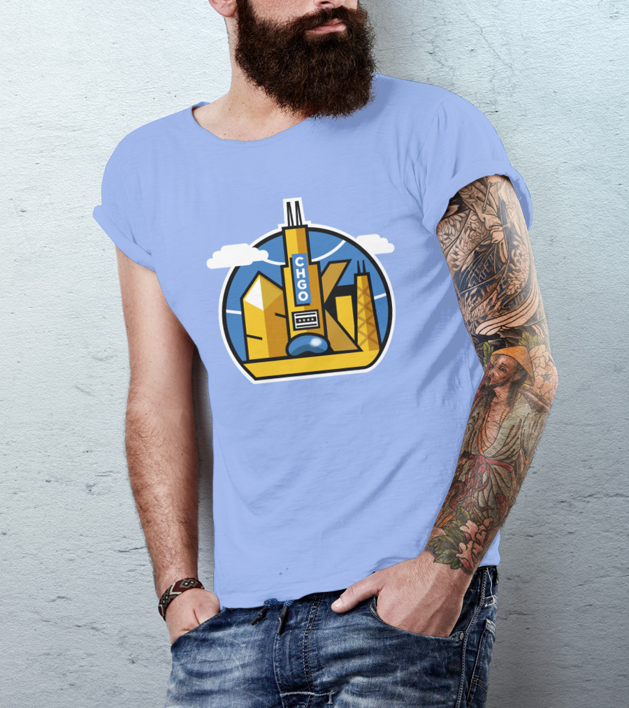 CHGO Skyline Blue Skies Sports Icon With Landmarks T-Shirt