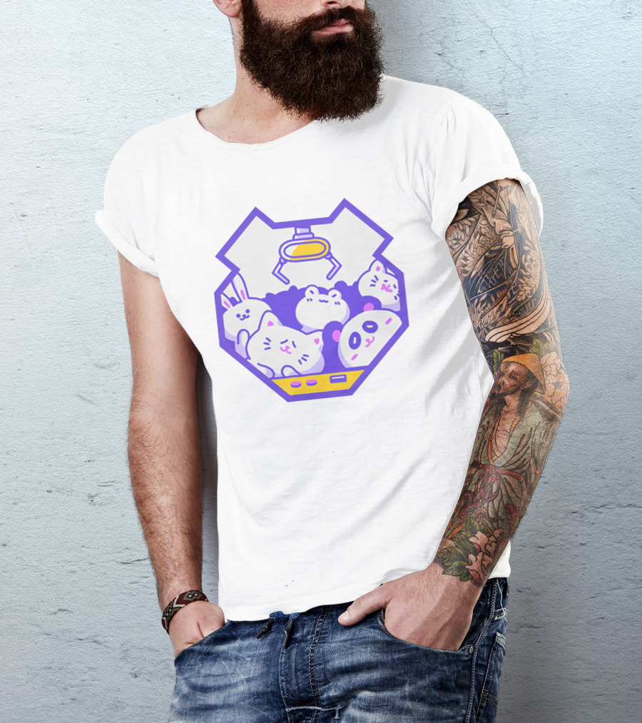 Panda Vs Yukaomatic Cute Plush Claw Machine Animal Characters T-Shirt