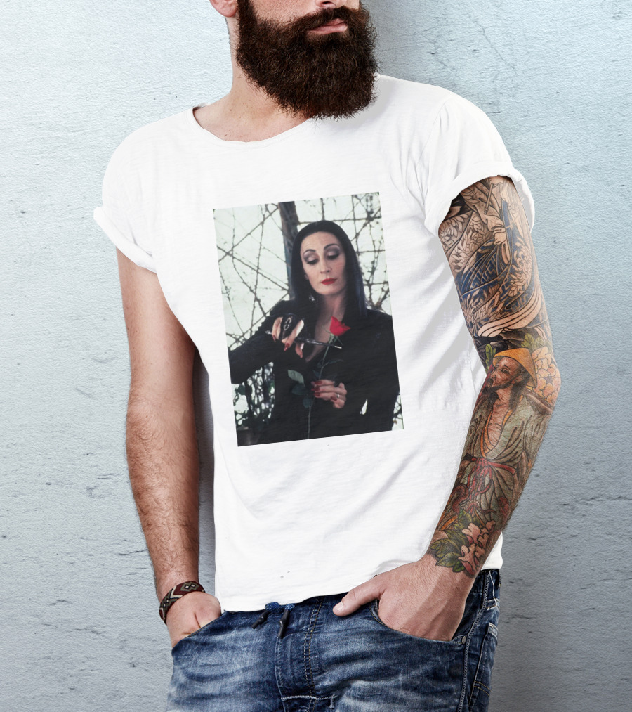 Morticia Addams Anjelica Huston Cutting Rose Scene T-Shirt