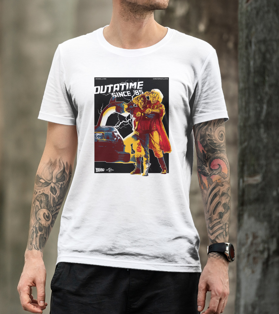 DUTATIME SINCE '85 BACK TO THE FUTURE MICHAEL J. FOX CHRISTOPHER LLOYD UNIVERSAL T-Shirt