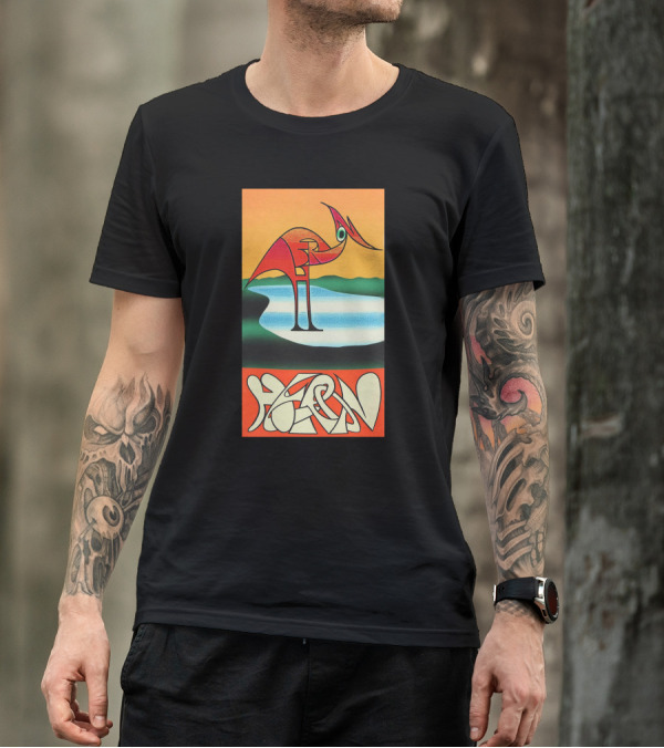 Heron Preston Abstract Bold Graphic Stork Art Orange Teal Lake T-Shirt