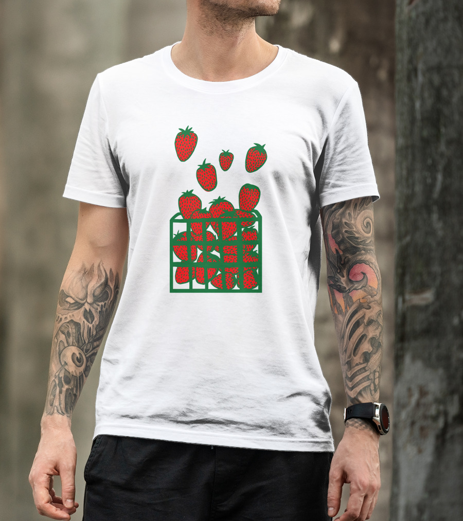 Strawberry Basket With Falling Strawberries Screen Print T-Shirt