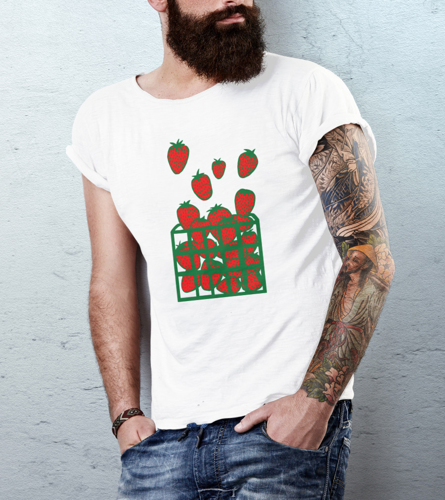 Strawberry Basket With Falling Strawberries Screen Print T-Shirt