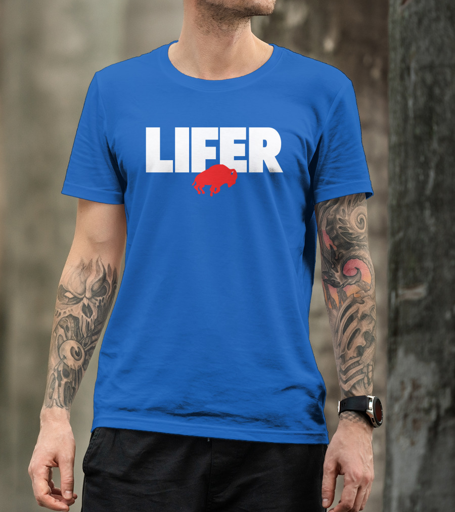 Lifer Buffalo Silhouette Blue Background T-Shirt