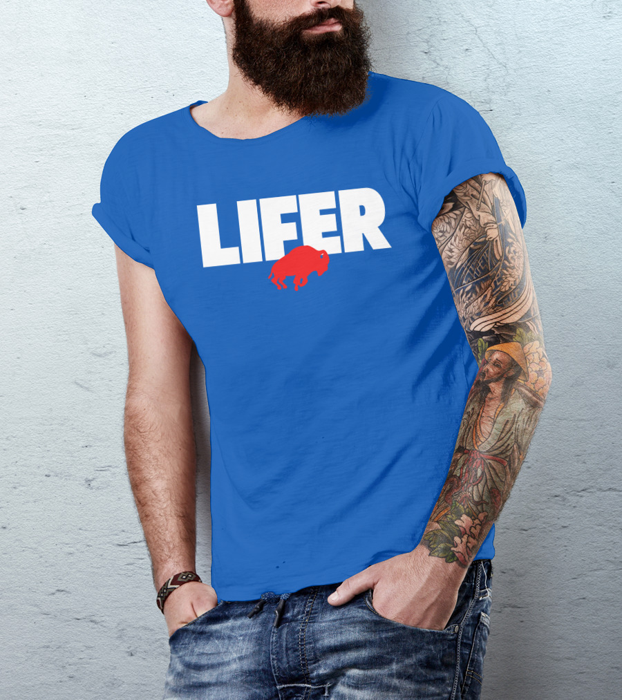 Lifer Buffalo Silhouette Blue Background T-Shirt