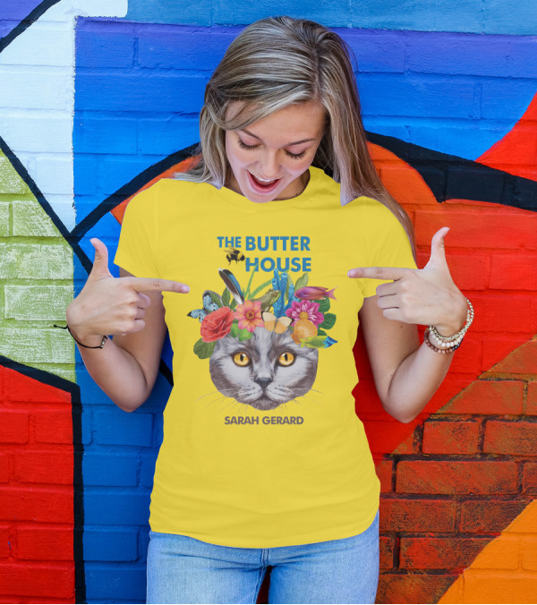 The Butter House Sarah Gerard Floral Cat With Butterflies And Fish On Yellow T-Shirt