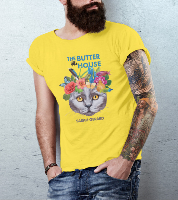 The Butter House Sarah Gerard Floral Cat With Butterflies And Fish On Yellow T-Shirt