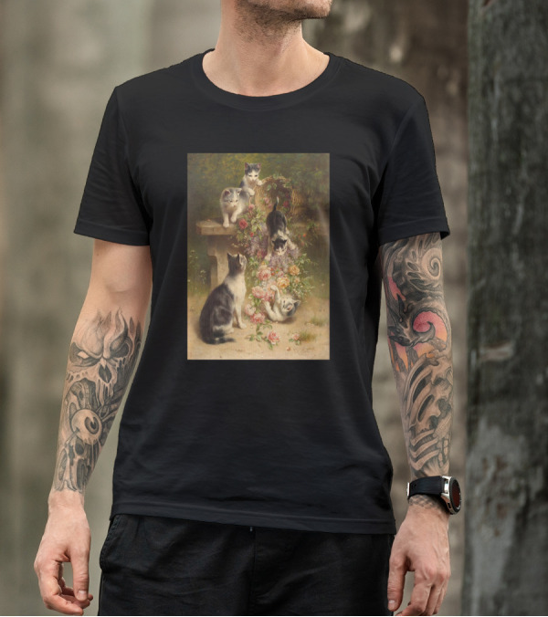 Cats And Flowers Playing On A Bench By Carl Reichert T-Shirt