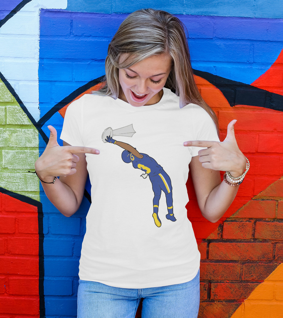 Trophy Catch Obj One-Handed Football Player Blue And Yellow Uniform T-Shirt